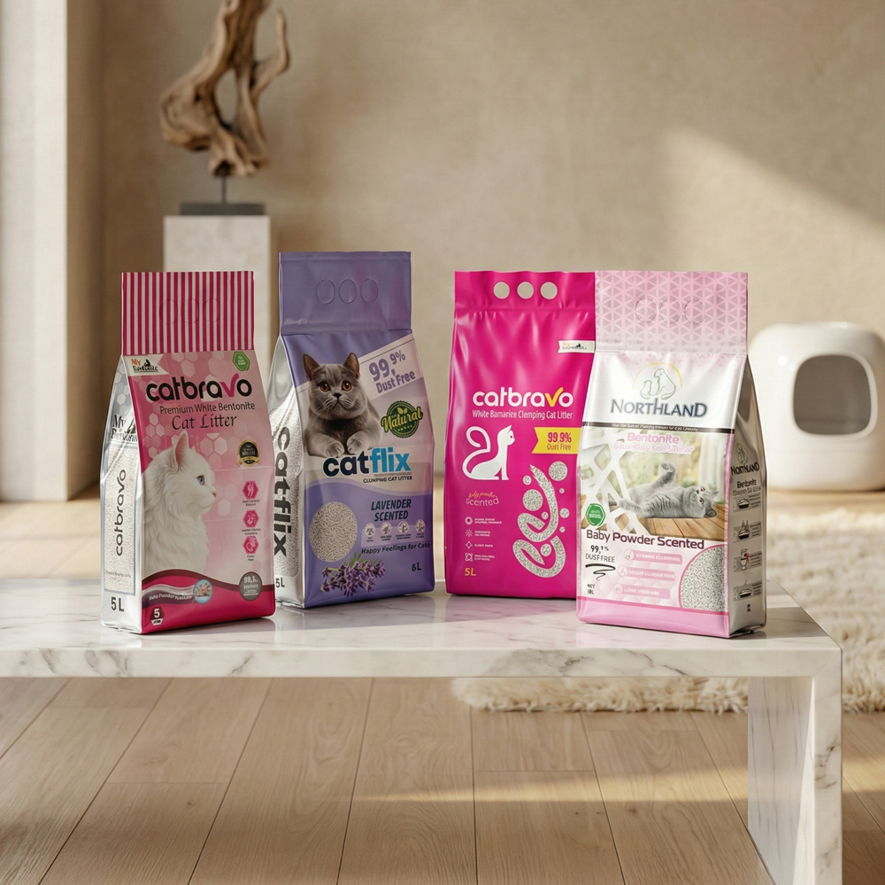 Packed bentonite cat litter bags ready for retail distribution