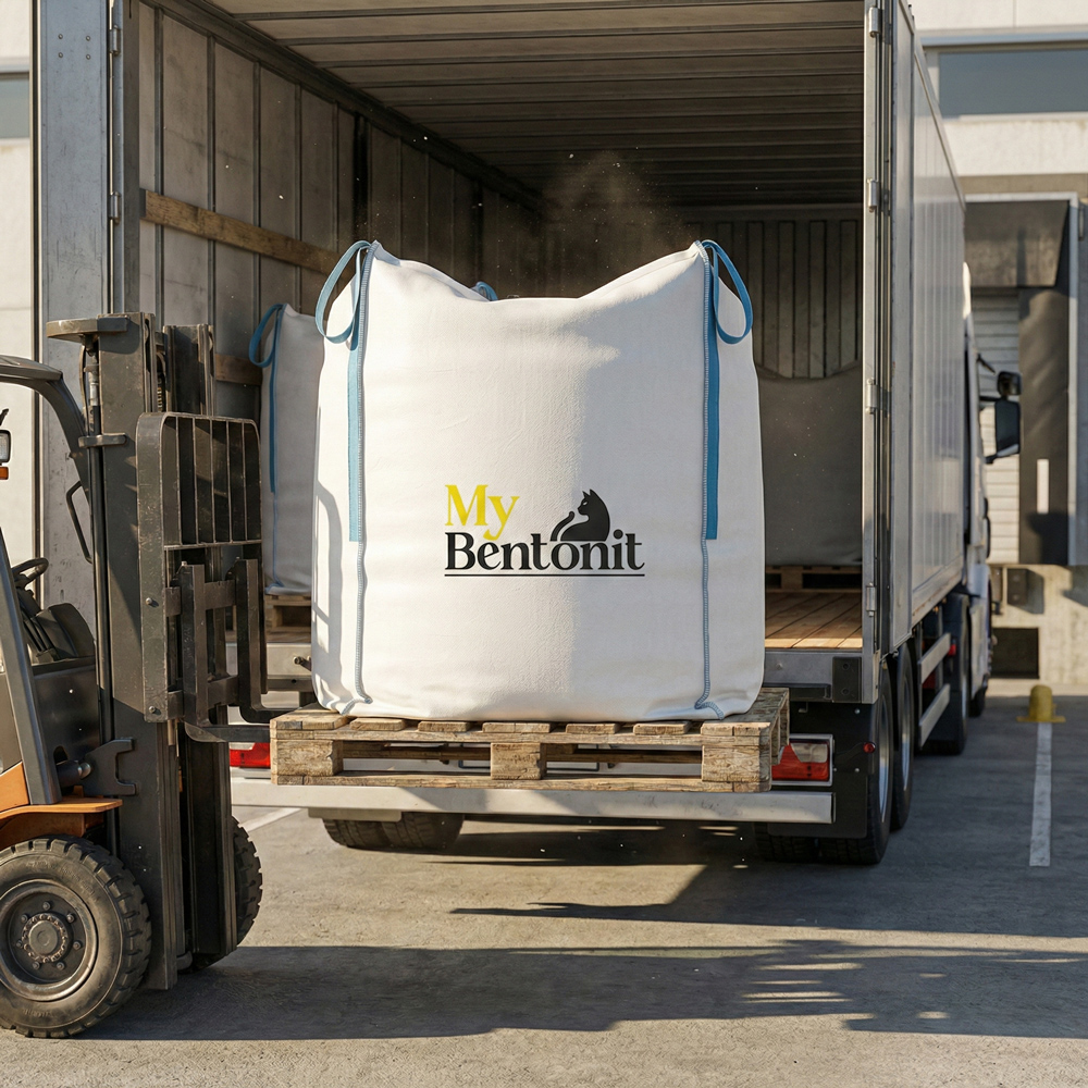 Bulk white bentonite cat litter loaded in big bags for export
